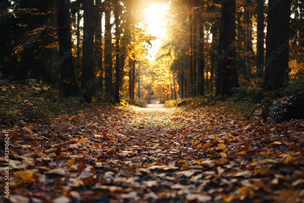 Poster imagine a wonderful landscape where a sunlit path meanders through a vibrant autumn forest as golden