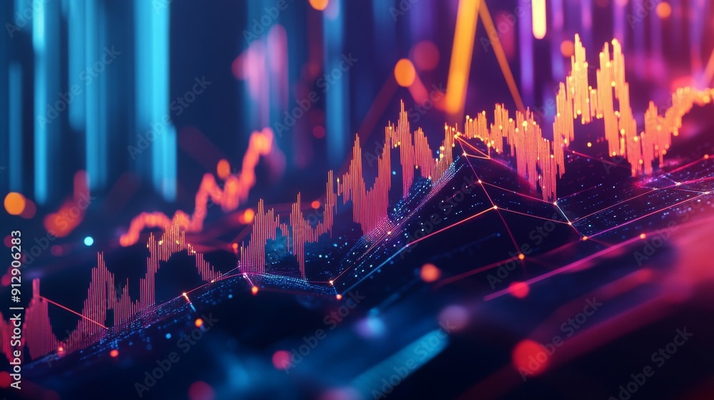 Poster dynamic 3d financial graph with abstract geometric shapes representing data trends.
