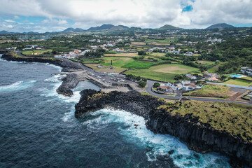 Aerial view of the volcanic geothermal pools at Pocos de Sao Vicente de Ferreira, Sao Miguel,...