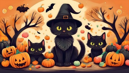 Halloween Wallpaper with Three Black Cats on Halloween Night