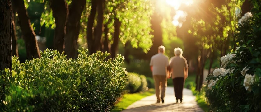 In a serene, ultramodern garden, the geriatrics concept unfolds with a banner with copy space, featuring elderly individuals receiving personalized care