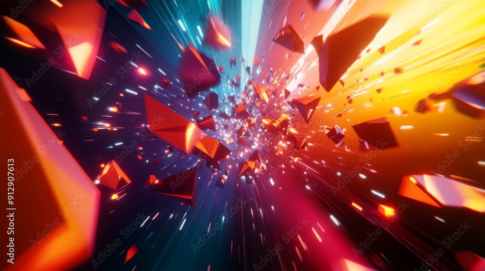 Poster Dynamic 3D rendering of energetic polygonal shapes in motion with vibrant colors.