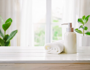 Relaxation Essentials Spa Towel Soap Dispenser and Plant Leaves on Window Background