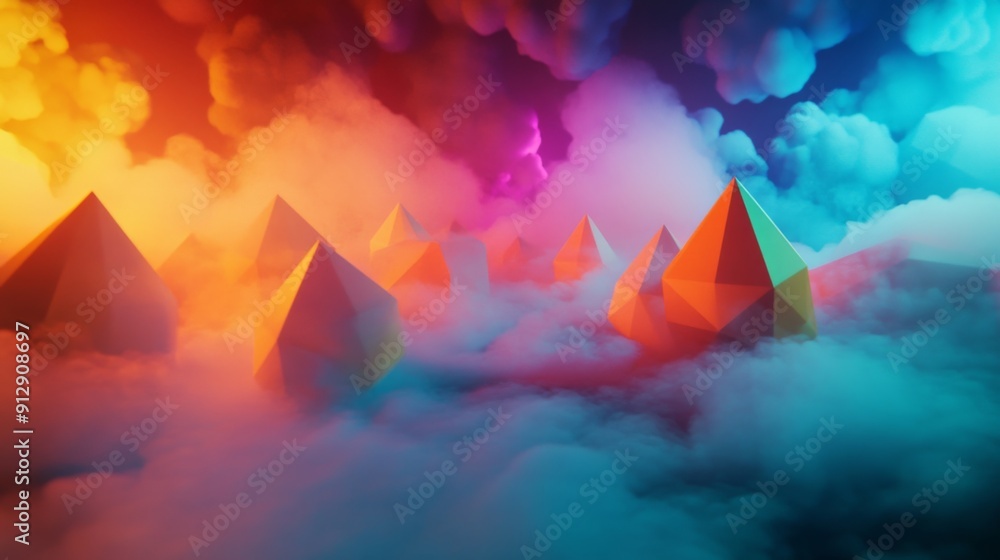 Poster dynamic 3d rendering with colorful, rotating polygonal shapes and an energetic feel.
