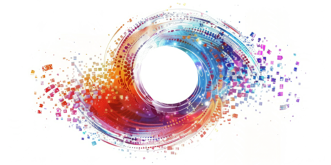 abstract with a wavy circle made from digital pixels, suggesting a connection to technology, on a white background