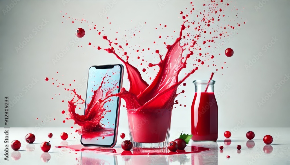 Aufkleber red juice splash captured mid-air with a smartphone displaying the same splash in 3d animation