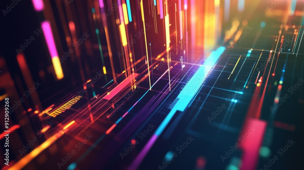 Poster dynamic abstract 3d financial graph with intersecting lines and bars in vibrant colors.