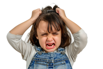 An upset little girl with an open-mouthed cry, holding her head with both hands.