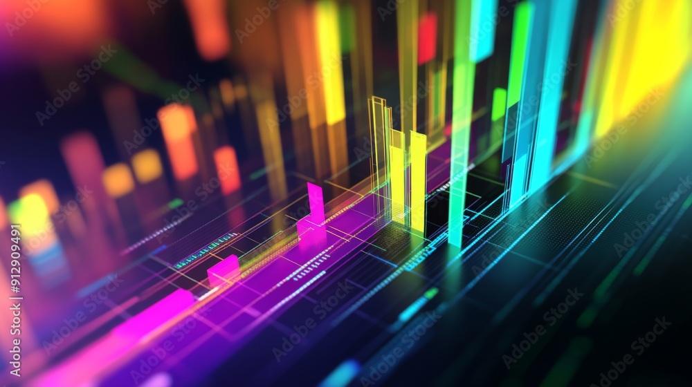 Poster dynamic abstract 3d financial graph with intersecting lines and bars in vibrant colors.