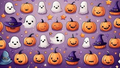 Fototapeta premium A Cute Halloween wallpaper featuring a pattern of adorable cartoon pumpkins and Ghosts Pattern