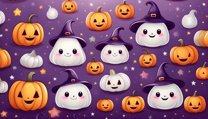 Obraz premium Cute Halloween wallpaper with Pumpkins and Ghosts