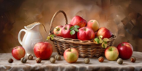 A classic still life of autumn with a basket of apples, a jug of cider, and scattered acorns on a textured tablecloth