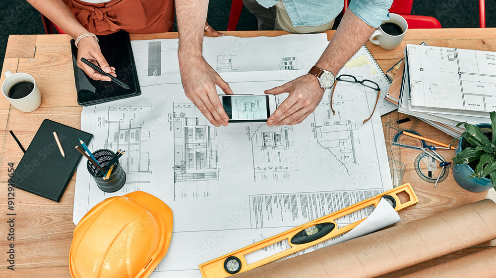 Poster hands, architect and document with phone for photo with feedback, floor plan and office for design r