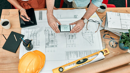 Hands, architect and document with phone for photo with feedback, floor plan and office for design...