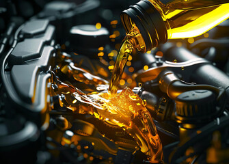 Engine Oil Pouring into Car Engine.