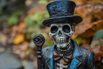 Obraz premium A detailed close-up of a vintage skeleton figure in a top hat, adding a spooky touch to autumn decor.
