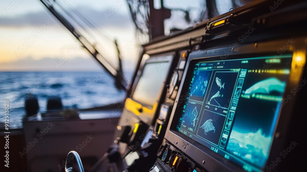 Poster the navigational control panel displays various data while a colorful sunset casts light over the oc