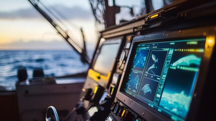 The navigational control panel displays various data while a colorful sunset casts light over the ocean waves.