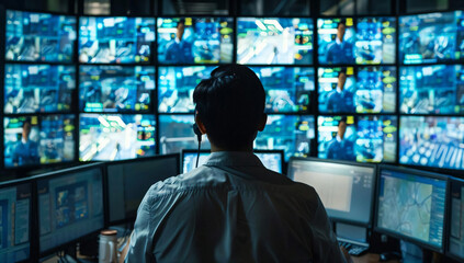 Security Guard Monitoring Surveillance Cameras.