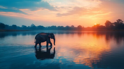 Elephant walking through an Indian lake at dusk, the tranquil water reflecting the colors of the setting sun.