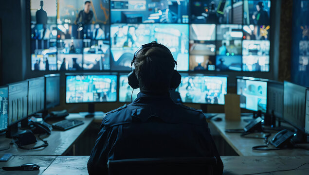 Security Guard Monitoring Surveillance Cameras.