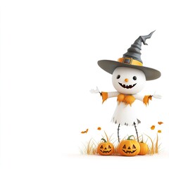 A halloween clipart of a creepy scarecrow in a pumpkin field, white background