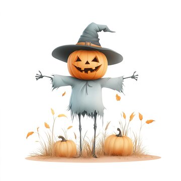 recommend clip art: A halloween clipart of a creepy scarecrow in a pumpkin field, white background