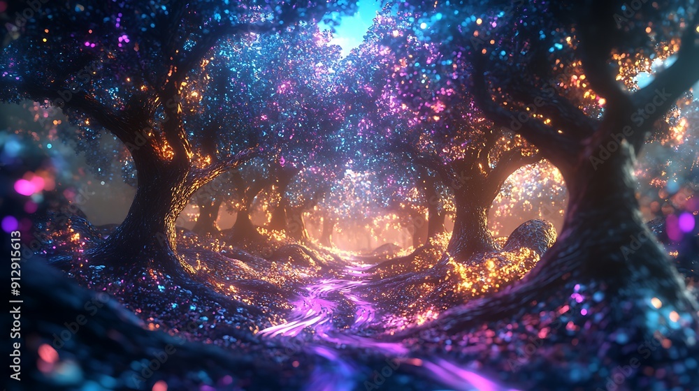 Poster magical forest path with glowing trees and a purple stream
