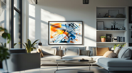 A modern living room with sleek furniture and a painted canvas in background 