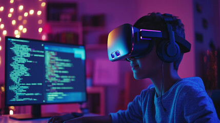 Boy with VR headset coding AI code assistants help error-check existing code and generate new code from text prompts