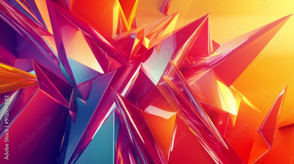 Poster energetic 3d design with colorful, rotating polygonal shapes in a lively dynamic setting.