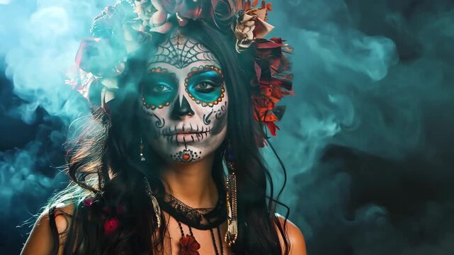 Young woman with sugar skull makeup on dark misty background. Day of the Dead, Dia de los muertos, Halloween celebration. Calavera Catrina. Banner, greeting with copy space