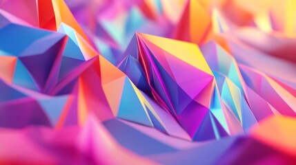 Energetic 3D design with colorful, shifting polygonal shapes creating a lively atmosphere.