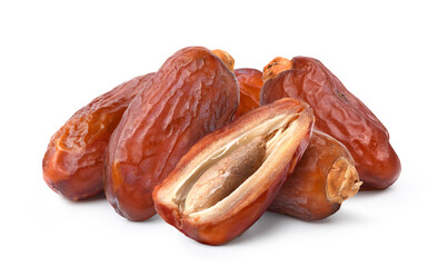 Dried dates fruits with cut in half isolated on white background.