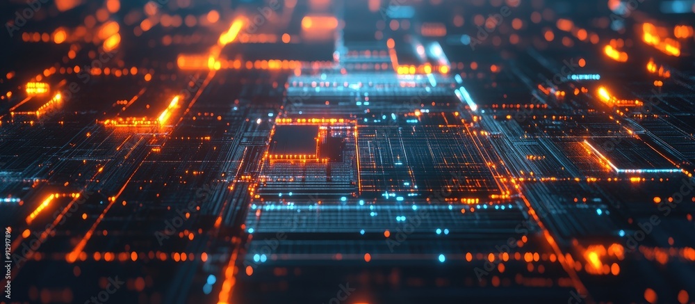Aufkleber futuristic 3d abstract render of a high speed ai computer processor with glowing data transfer
