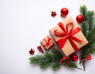Festive Christmas Composition Gifts Fir Tree Branches and Red Decorations on White Background
