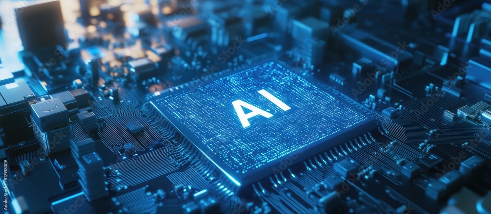 Poster futuristic workspace featuring a cpu labeled ai surrounded by data cables and showcasing rapid learn