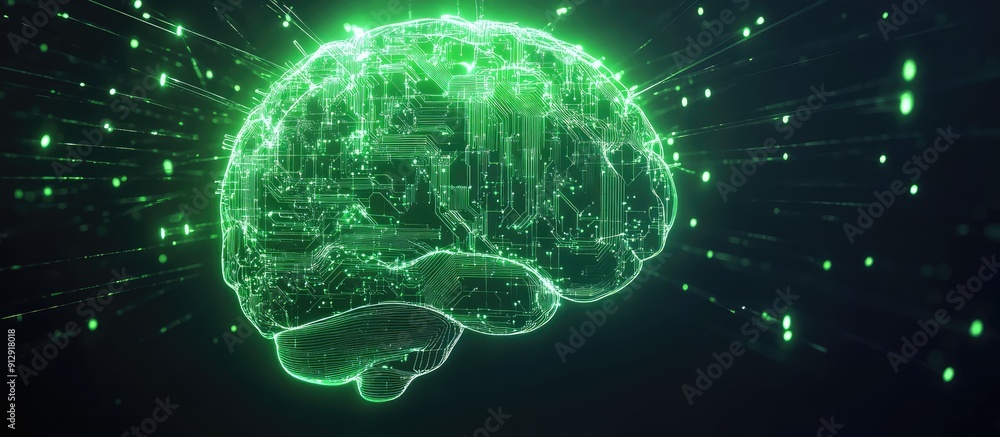 Poster futuristic 3d rendering of a neon green ai brain circuit with radial lines against a dark background