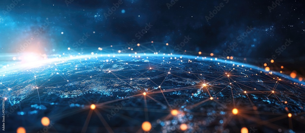 Poster digital data and graphs overlaying an image of earth featuring a network of interconnected lines and