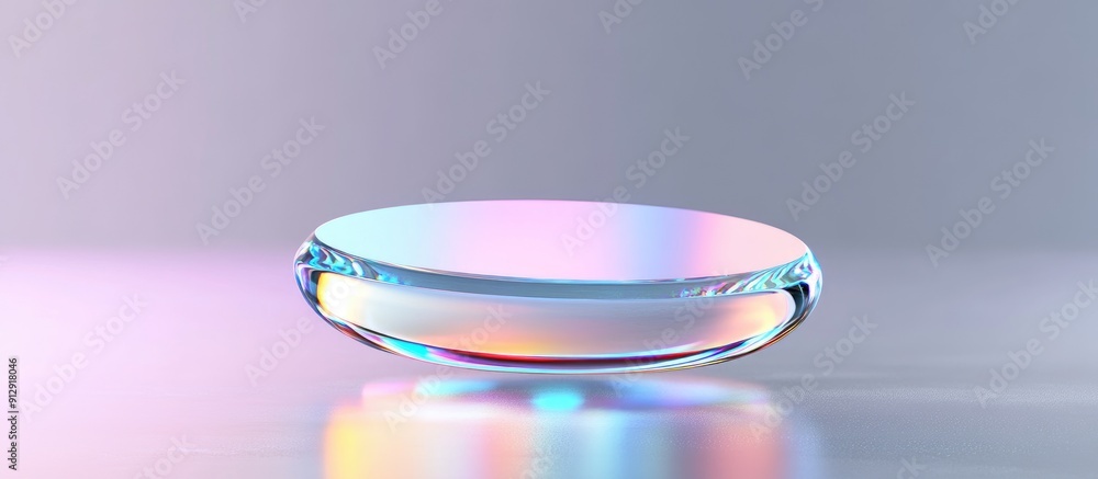 Poster iridescent microchip levitating against a reflective gray backdrop modern and sleek technological de