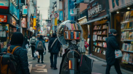 Fototapeta premium An android with a three-dimensional library head walking around the city, against the blurry background of a bookstore window
