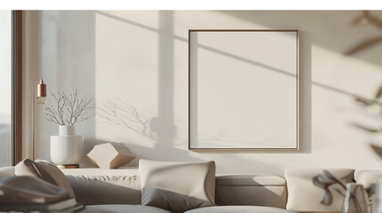 living room interior A modern living room with sleek furniture and a canvas in background 