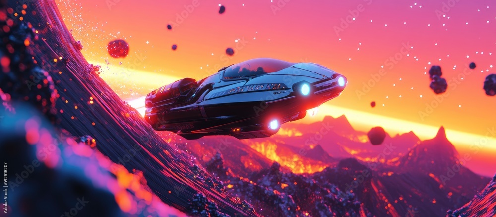 Aufkleber dynamic 3d rendering of a futuristic hovercraft soaring above a vibrant electrifying landscape under