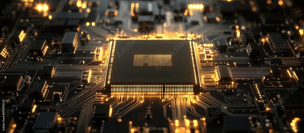 Poster microchip design featuring a central processing unit symbolizing a technological representation of a