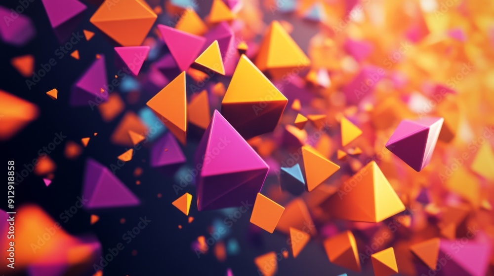 Poster energetic 3d design with colorful, rotating polygonal shapes creating a sense of motion.