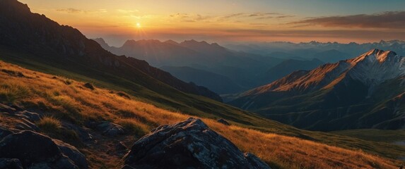 The setting sun over a mountain range view. Panoramic vibrant colors autumn sunset in the mountains nature illustration. Colorful travel adventure themed header landscape photo wallpaper.