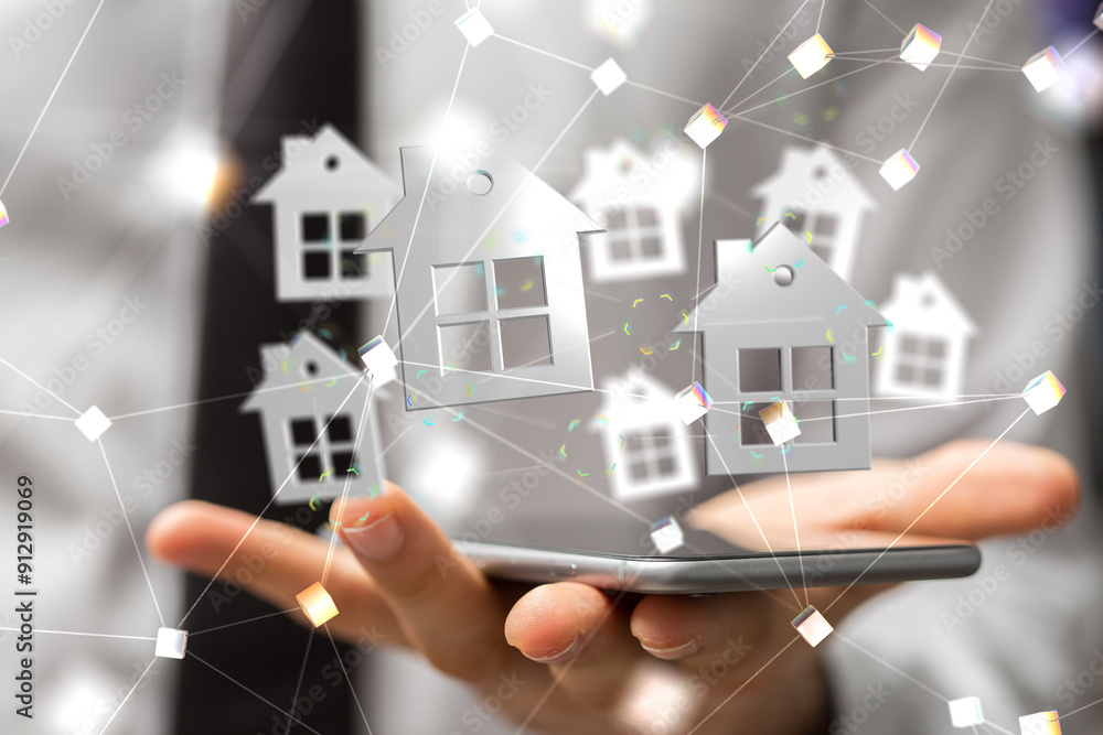 Poster home iot - Neural network 3D illustration. Big data and cybersecurity