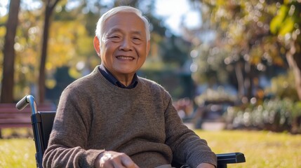 Cheerful Southeast Asian Elderly Man Relaxing Outdoors in Autumn, Inspirational and Diverse Senior Lifestyle