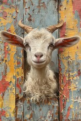 Curious goat peeks through a rustic wooden fence with peeling paint, showcasing its adorable face and curly fur.
