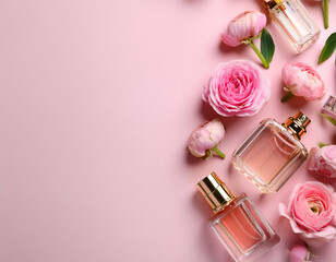 Elegant Perfume Bottles and Flowers Flat Lay on Pink Background